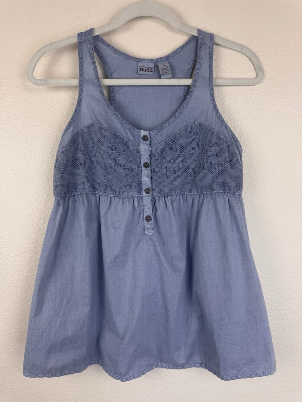 Mudd Cottagecore Hippie V-Neck Lace Cotton Babydoll Tank Top Peasant Blue Small